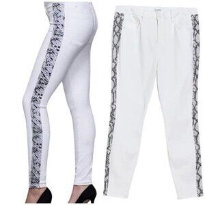 New Good American High Rise White Skinny Jean with Snake Tuxedo Stripe 24